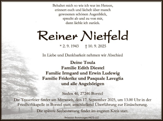 Traueranzeige von Reiner Nietfeld von SYKS