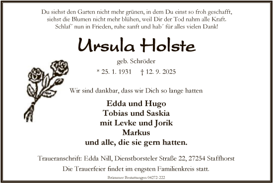 Traueranzeige von Ursula Holste von SYKSSYKS