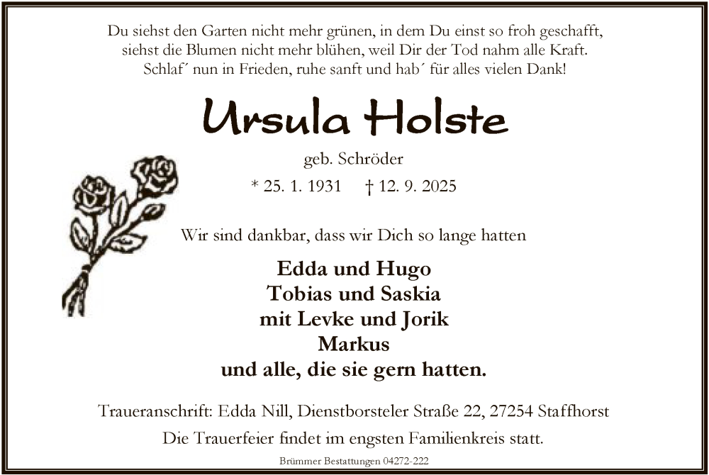  Traueranzeige für Ursula Holste vom 17.09.2025 aus SYKSSYKS