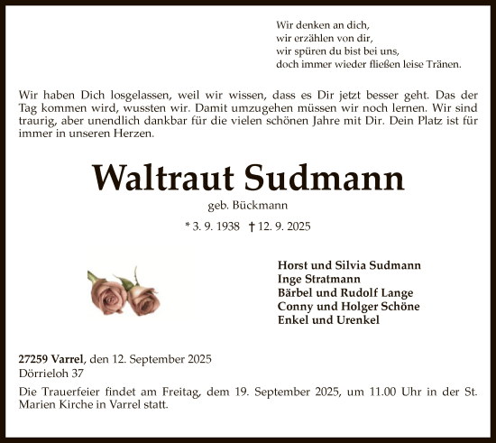 Traueranzeige von Waltraut Sudmann von SYKS
