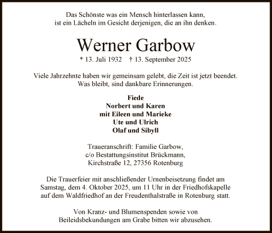 Traueranzeige von Werner Garbow von SYKR