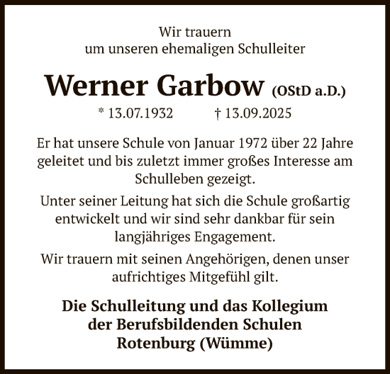 Traueranzeige von Werner Garbow von SYKR