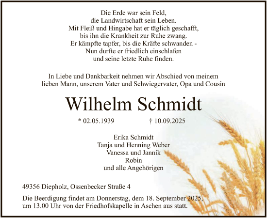 Traueranzeige von Wilhelm Schmidt von SYKS