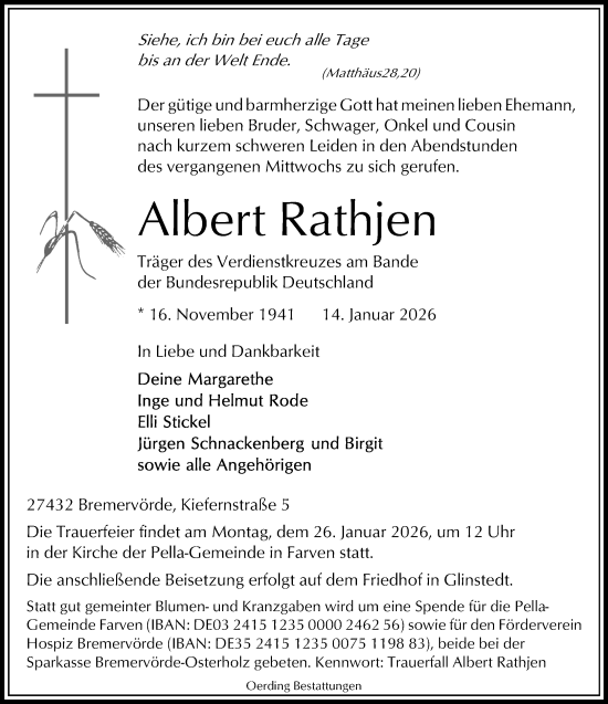 Traueranzeige von Albert Rathjen von SYKR