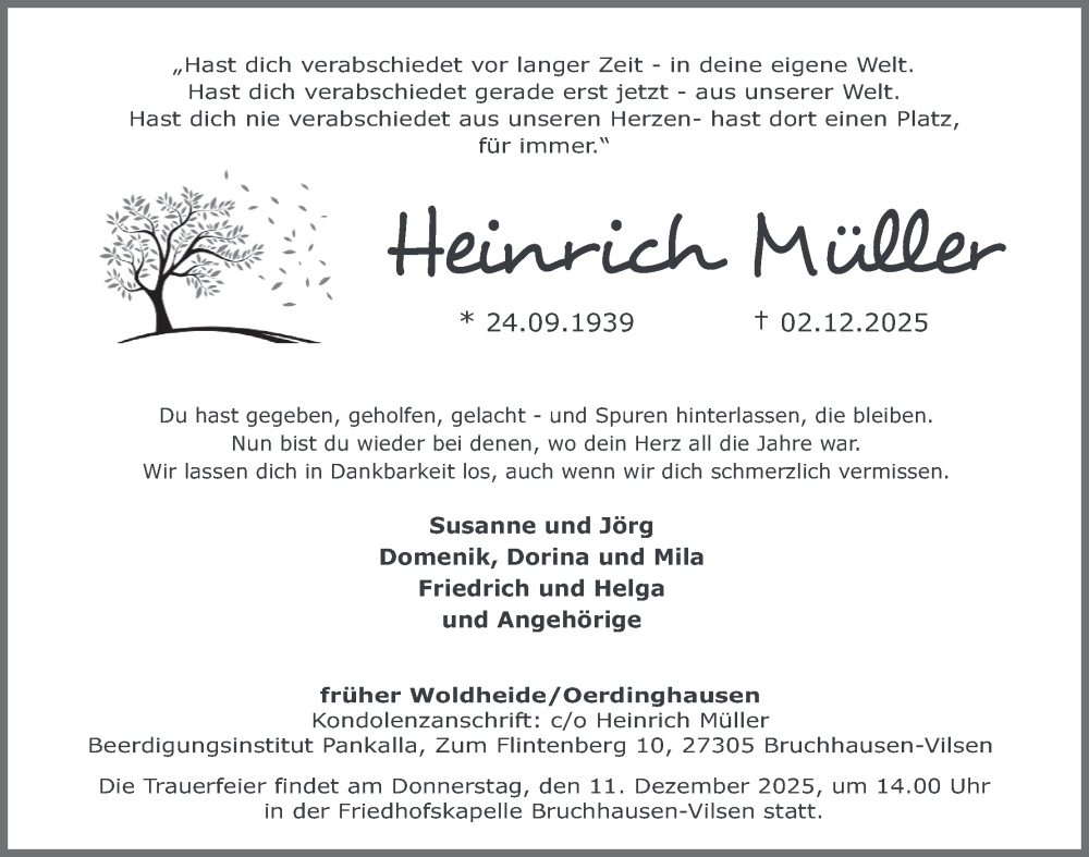  Traueranzeige für Heinrich Müller vom 06.12.2025 aus Mediengruppe Kreiszeitung