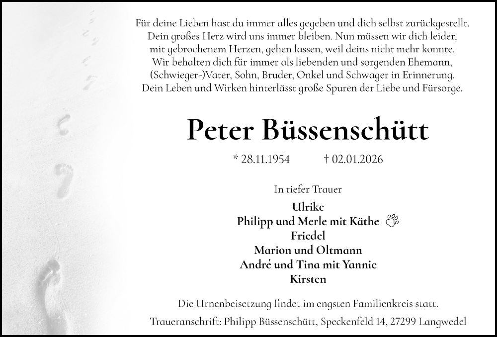  Traueranzeige für Peter Büssenschütt vom 10.01.2026 aus SYKSSYKS