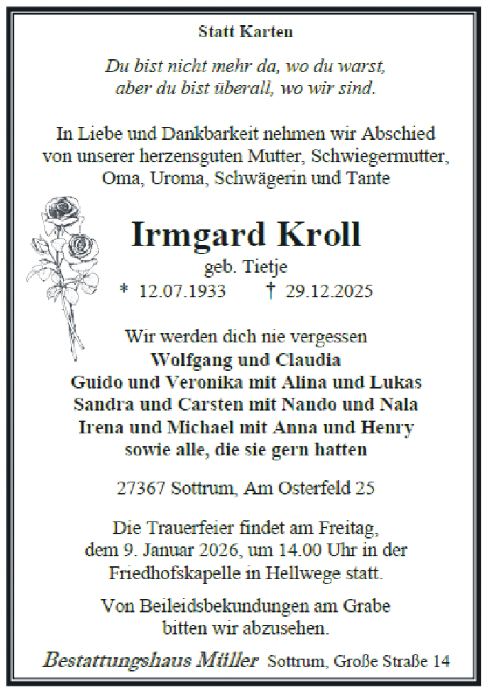  Traueranzeige für Irmgard Kroll vom 03.01.2026 aus SYKR