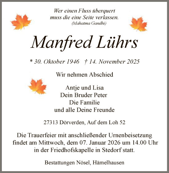 Traueranzeige von Manfred Lührs von SYKS