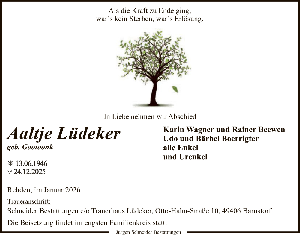 Traueranzeige für Aaltje Lüdeker vom 10.01.2026 aus SYKS