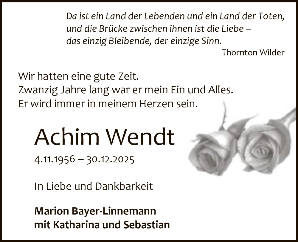  Traueranzeige für Achim Wendt vom 10.01.2026 aus SYKR