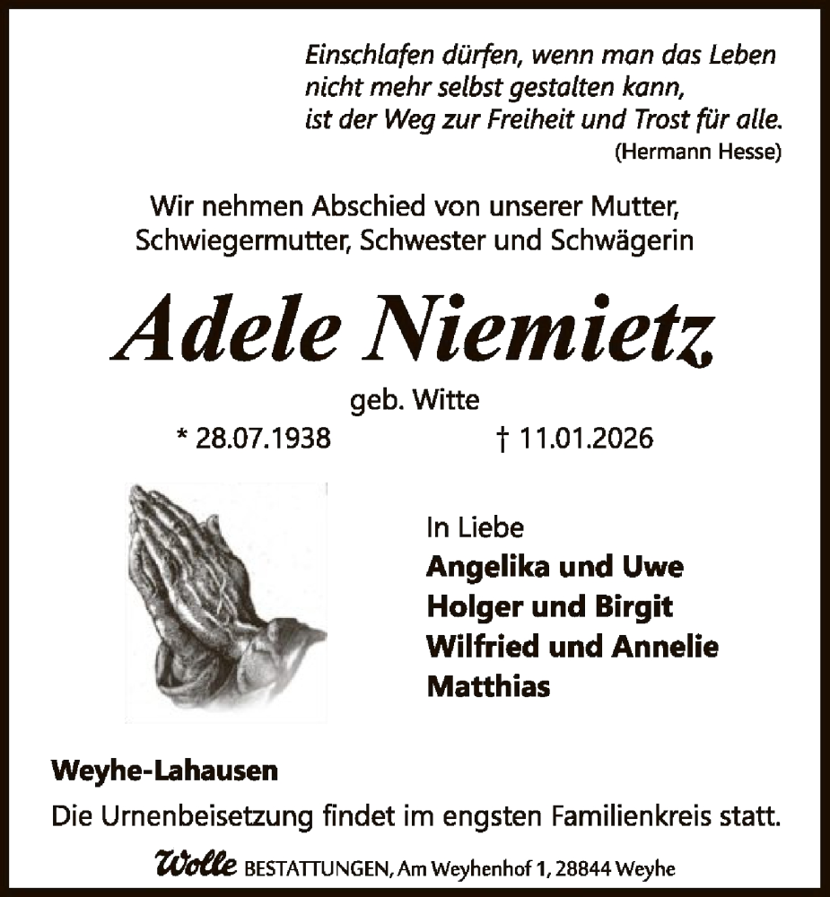  Traueranzeige für Adele Niemiety vom 17.01.2026 aus SYKS