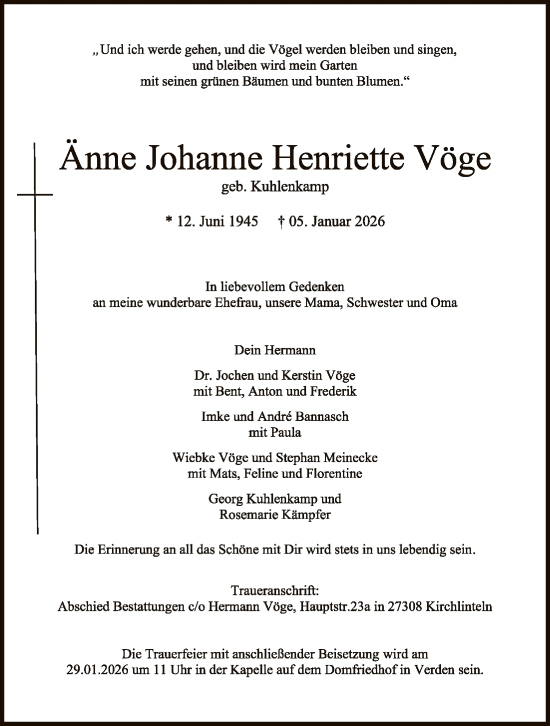 Traueranzeige von Änne Johanne Henriette Vöge von SYKS