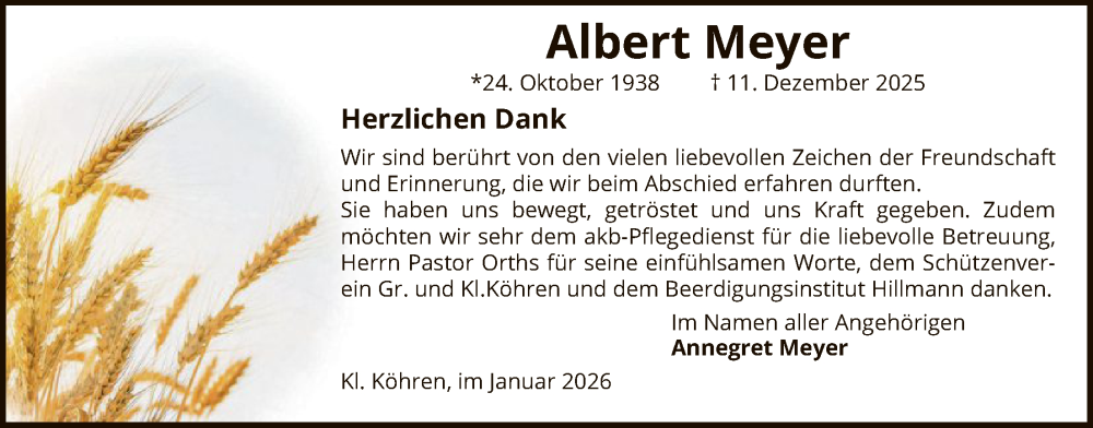 Traueranzeige für Albert Meyer vom 24.01.2026 aus SYKSSYWZ