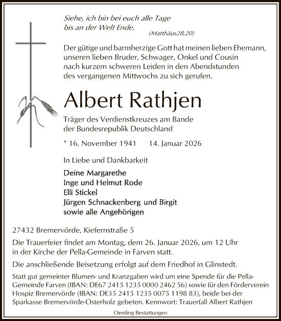 Traueranzeige von Albert Rathjen von SYKR