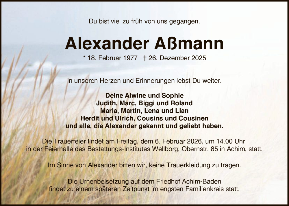  Traueranzeige für Alexander Aßmann vom 31.01.2026 aus SYKS