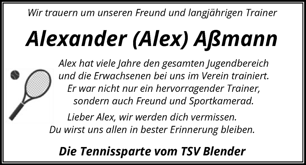  Traueranzeige für Alexander Aßmann vom 31.01.2026 aus SYKS