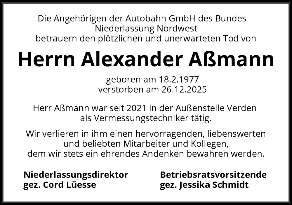  Traueranzeige für Alexander Aßmann vom 31.01.2026 aus SYKS
