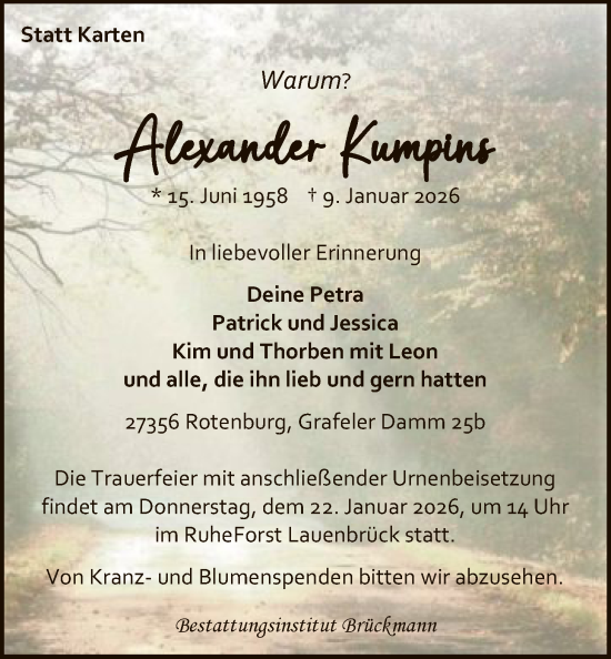 Traueranzeige von Alexander Kumpins von SYKR
