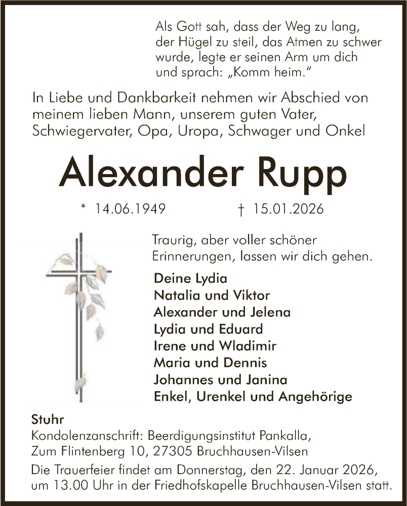  Traueranzeige für Alexander Rupp vom 20.01.2026 aus SYKS