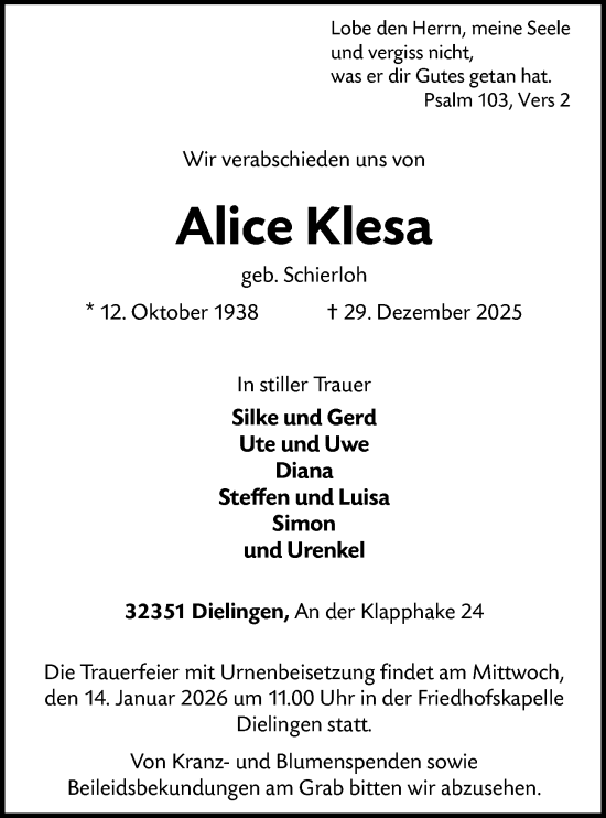 Traueranzeige von Alice Klesa von SYKS
