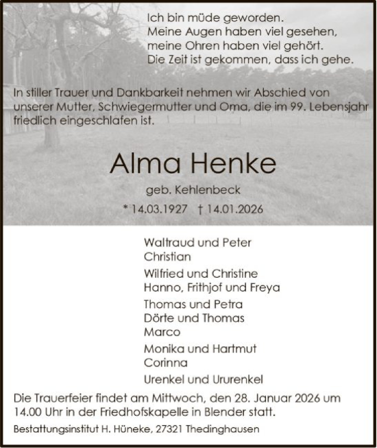 Traueranzeige von Alma Henke von SYKS