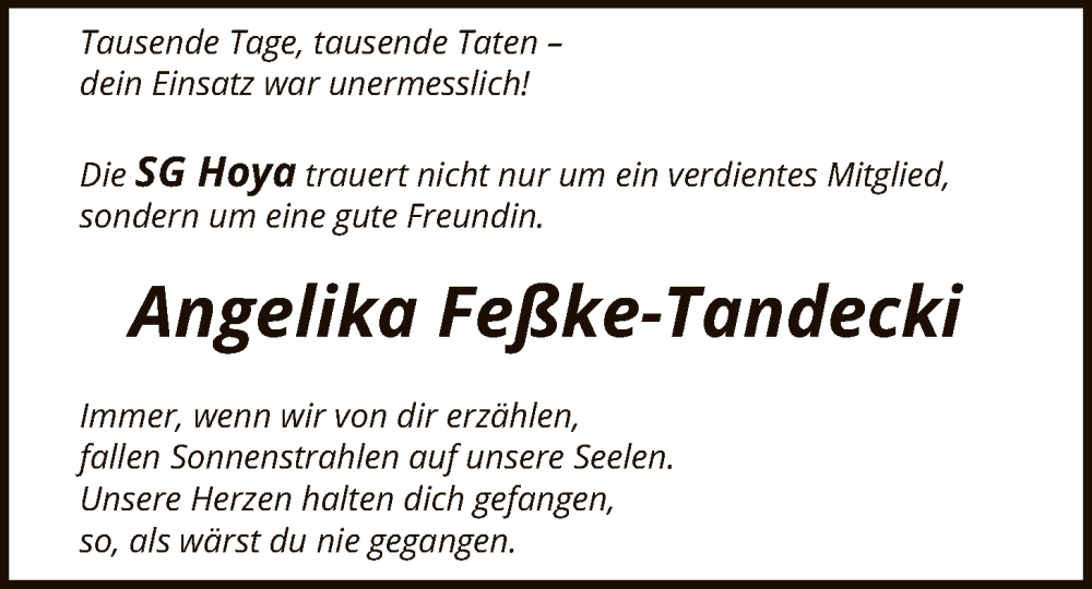  Traueranzeige für Angelika Feßke-Tandecki vom 24.01.2026 aus SYKS