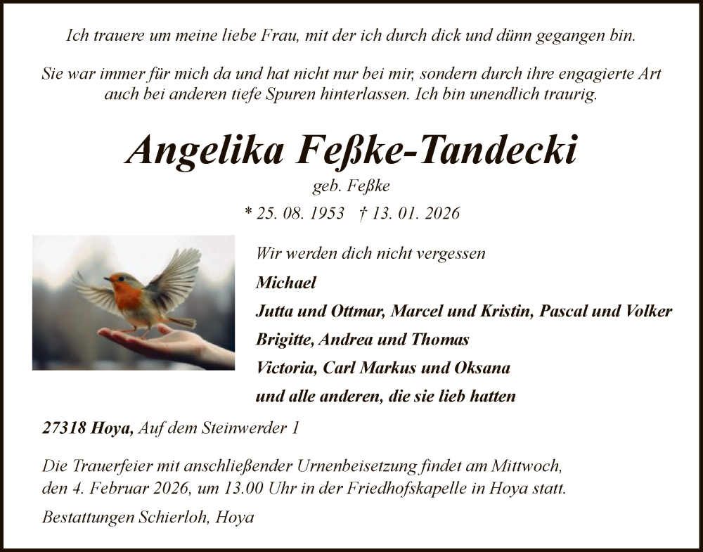  Traueranzeige für Angelika Feßke-Tandecki vom 24.01.2026 aus SYKS