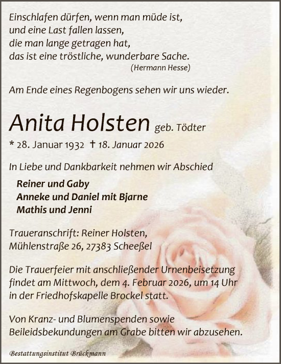 Traueranzeige von Anita Holsten von SYKR