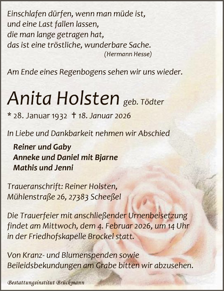  Traueranzeige für Anita Holsten vom 24.01.2026 aus SYKR