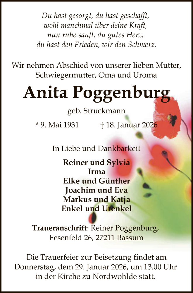  Traueranzeige für Anita Poggenburg vom 24.01.2026 aus SYKS