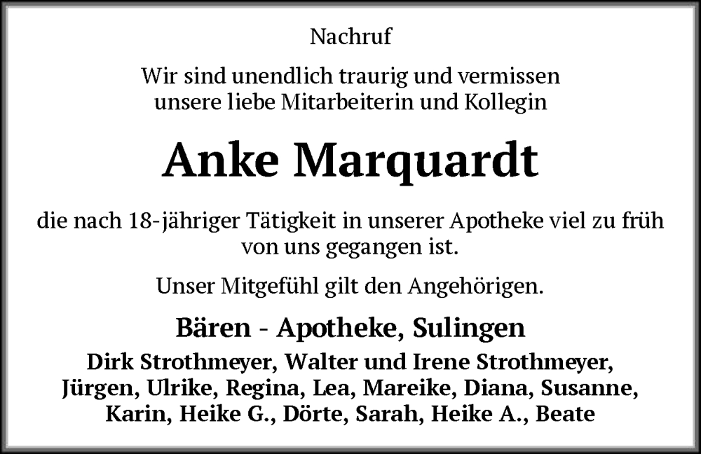  Traueranzeige für Anke Marquardt vom 21.01.2026 aus SYKS