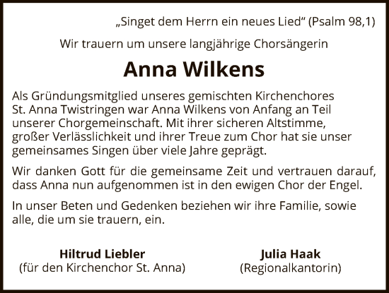 Traueranzeige von Anna Wilkens von SYKS