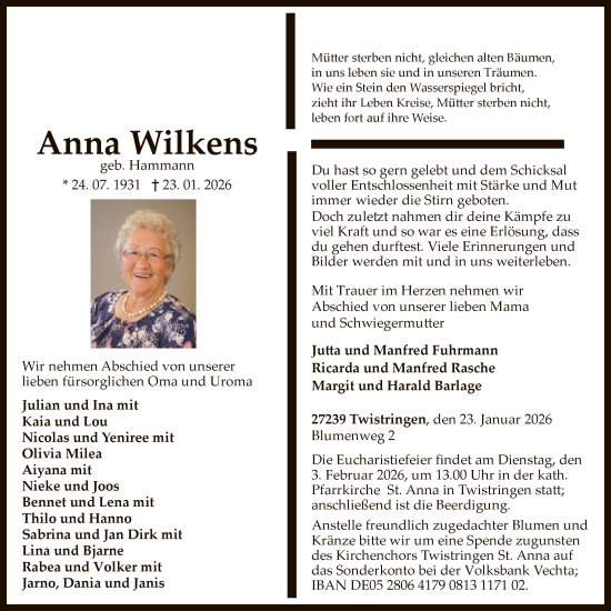 Traueranzeige von Anna Wilkens von SYKS