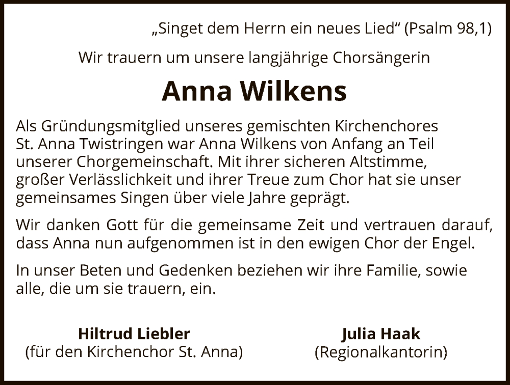  Traueranzeige für Anna Wilkens vom 29.01.2026 aus SYKS