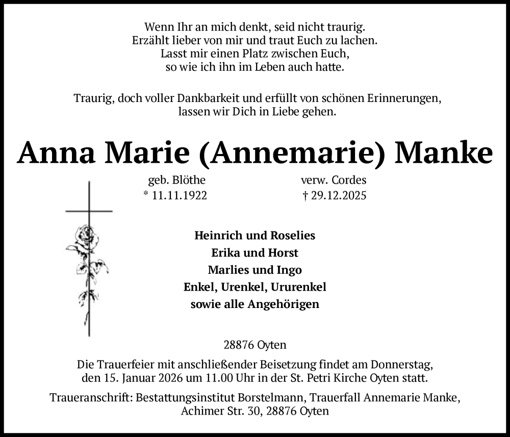  Traueranzeige für Anna Marie Manke vom 07.01.2026 aus SYKS