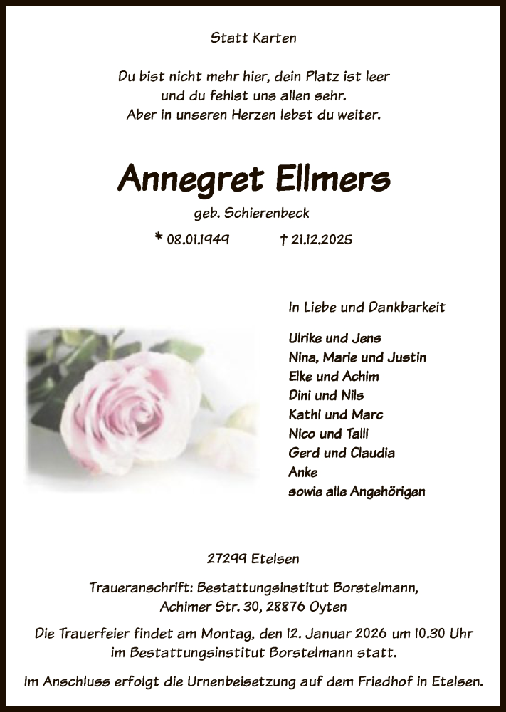  Traueranzeige für Annegret Ellmers vom 10.01.2026 aus SYKS