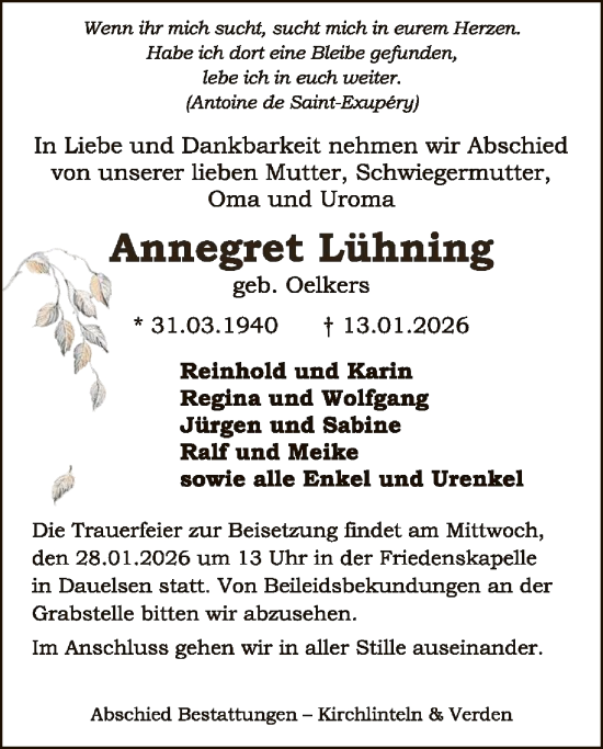Traueranzeige von Annegret Lühning von SYKS