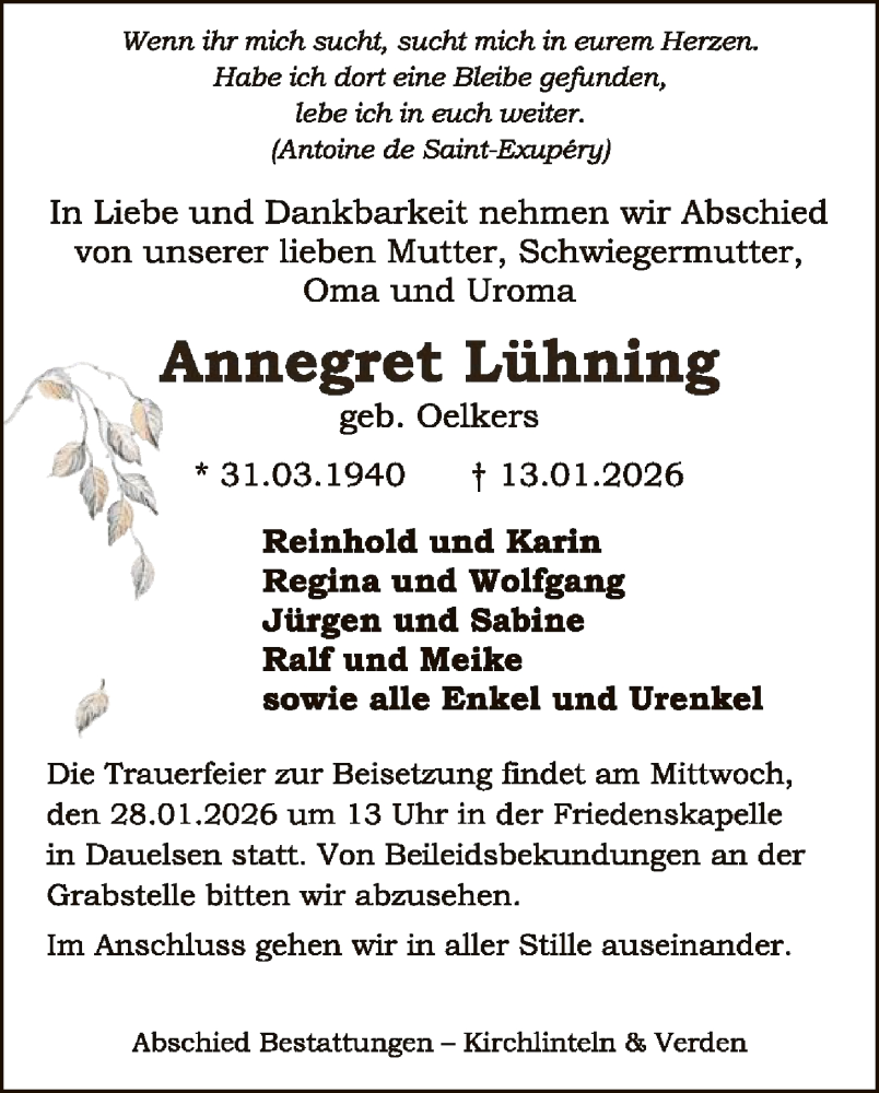  Traueranzeige für Annegret Lühning vom 17.01.2026 aus SYKS
