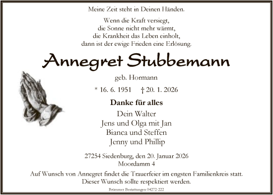 Traueranzeige von Annegret Stubbemann von SYKS