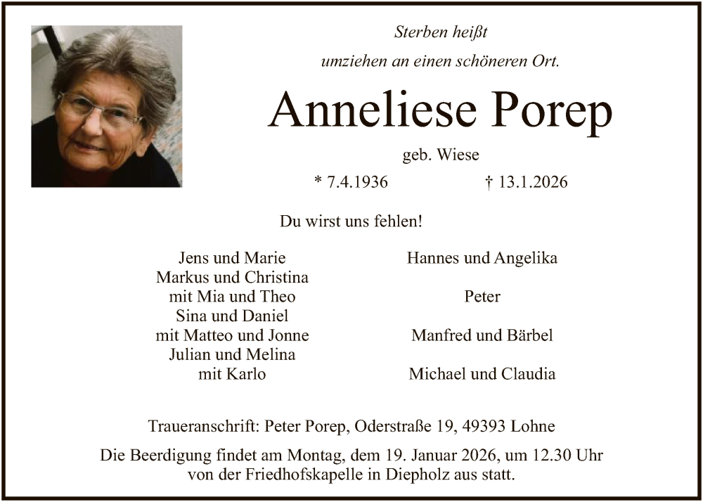  Traueranzeige für Anneliese Porep vom 15.01.2026 aus SYKS