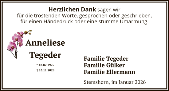 Traueranzeige von Anneliese Tegeder von SYKS