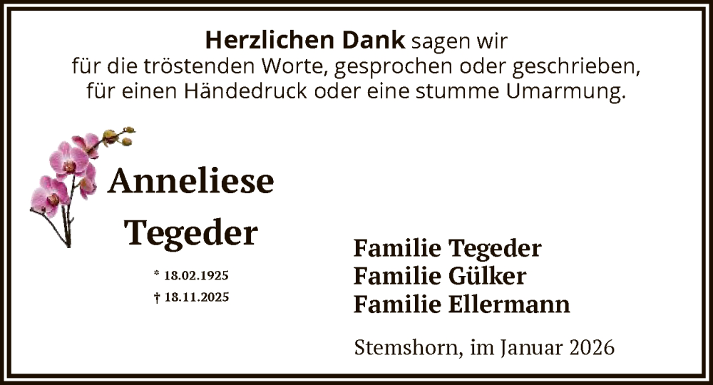 Traueranzeige für Anneliese Tegeder vom 17.01.2026 aus SYKS