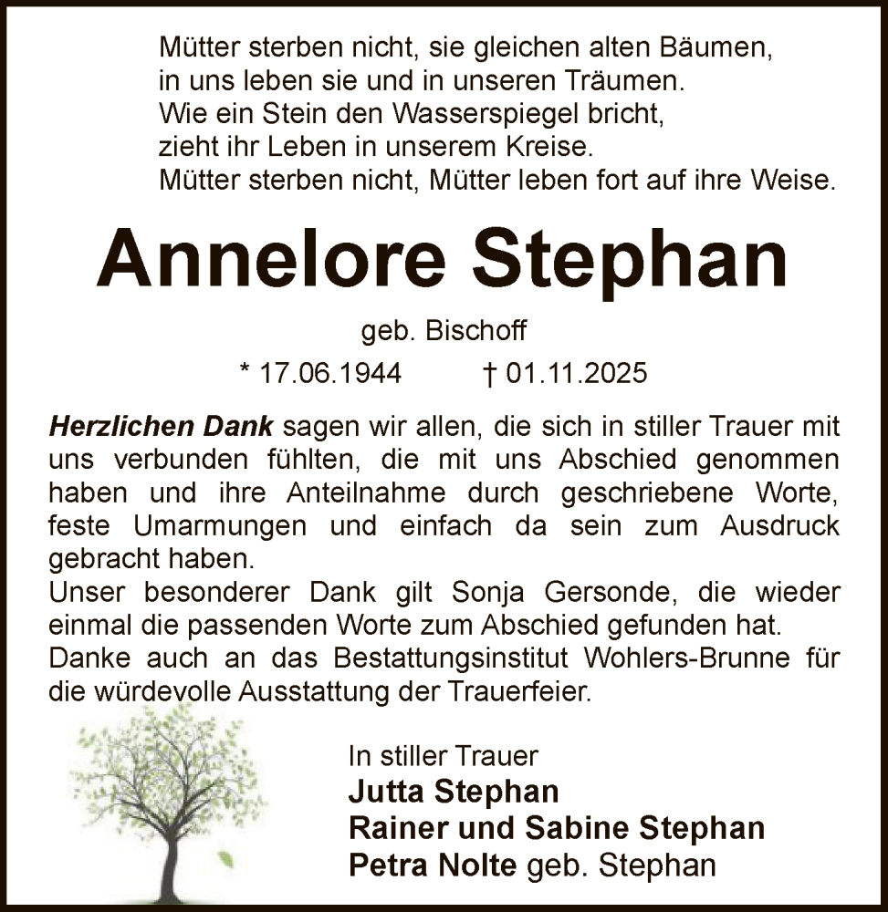  Traueranzeige für Annelore Stephan vom 17.01.2026 aus SYKS