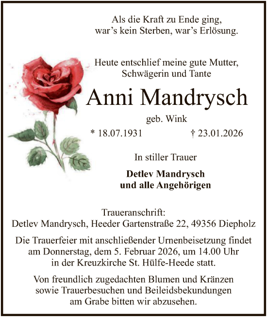 Traueranzeige von Anni Mandrysch von SYKS