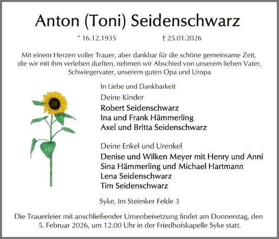 Traueranzeige von Anton Seidenschwarz von SYKS