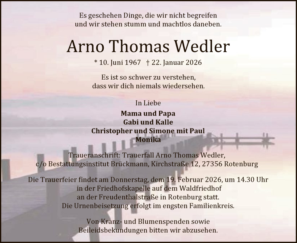  Traueranzeige für Arno Thomas Wedler vom 31.01.2026 aus SYKR