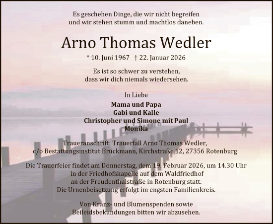 Traueranzeige von Arno Thomas Wedler von SYKR