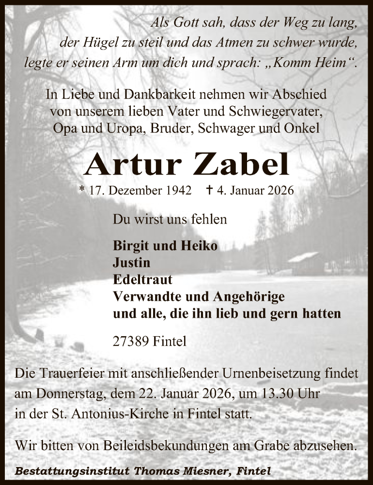  Traueranzeige für Artur Zabel vom 10.01.2026 aus SYKR