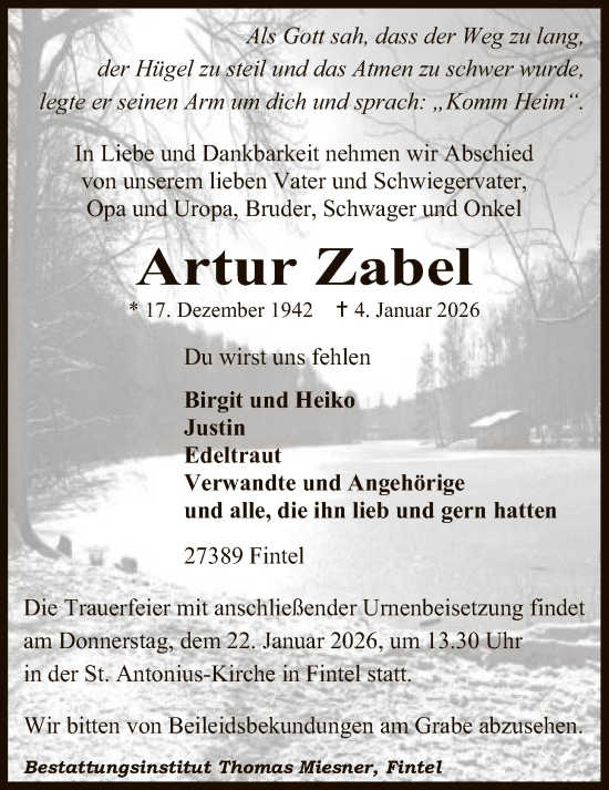 Traueranzeige von Artur Zabel von SYKR