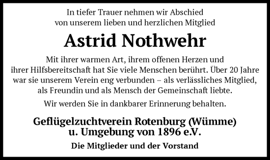 Traueranzeige von Astrid Nothwehr von SYKR